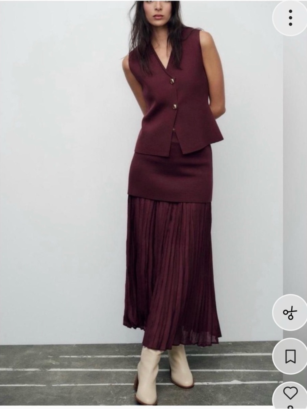 Zara Burgubdy Knit Vest and Midi Knit Pleated Skirt Set